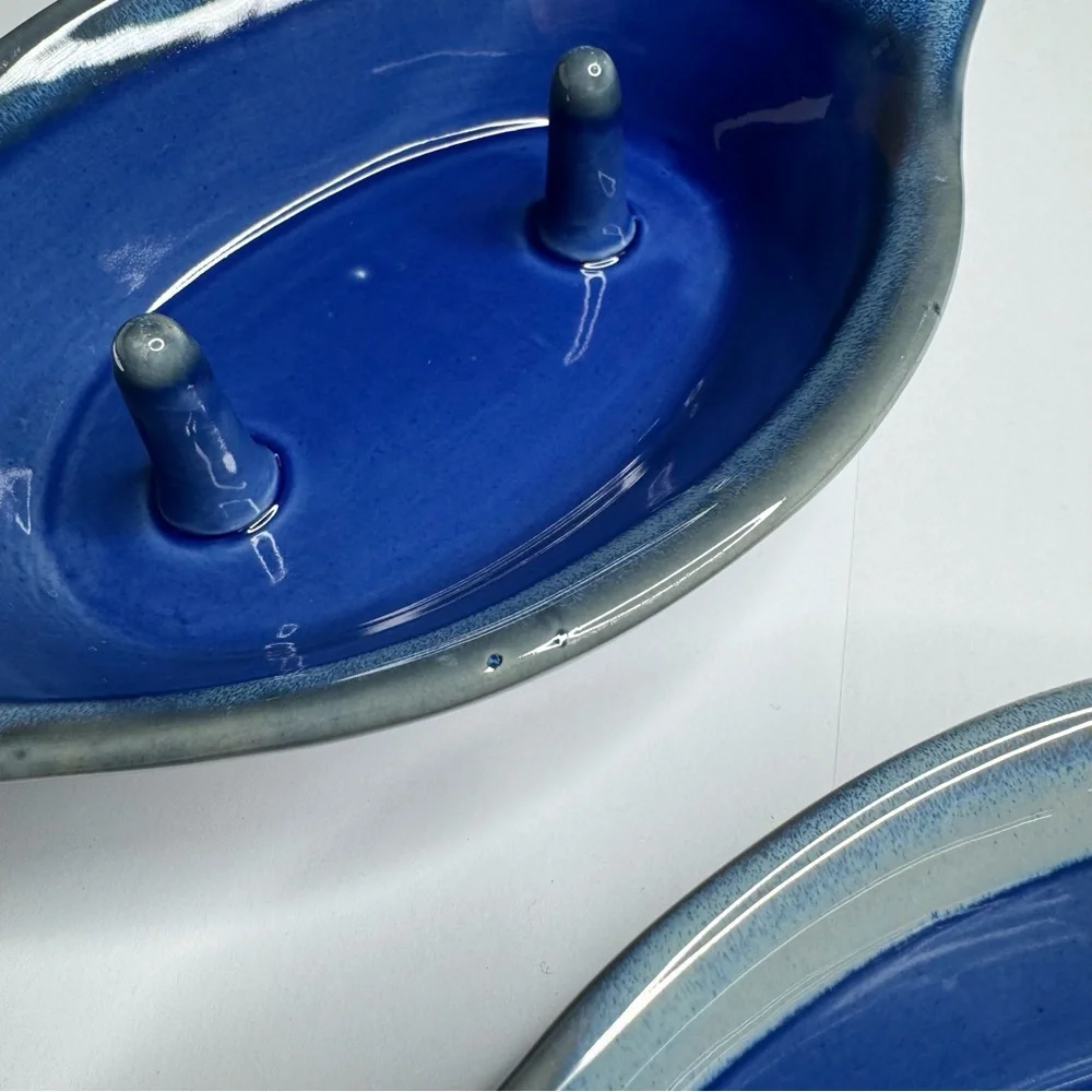 Set of 2 Ceramic Clay Baked Potato Cooker Holder Blue Speckle Glaze Farmcore - Picture 5 of 11